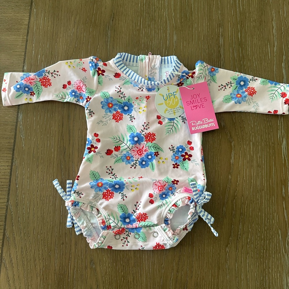 Ruffle Butts Blue and Pink Rashguard Swimwear with Floral Design